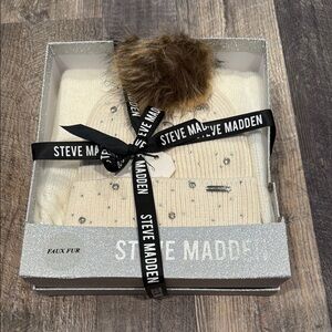 Steve Madden Ivory Beanie and Scarf Set with Faux Fur Pom-Pom